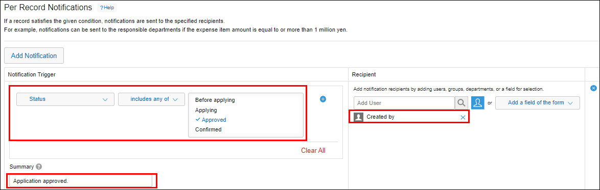 Screenshot: On the "Per record notifications" screen, the "Notification trigger" section, "Summary" section, and "Created by" in the "Recipient" section are highlighted