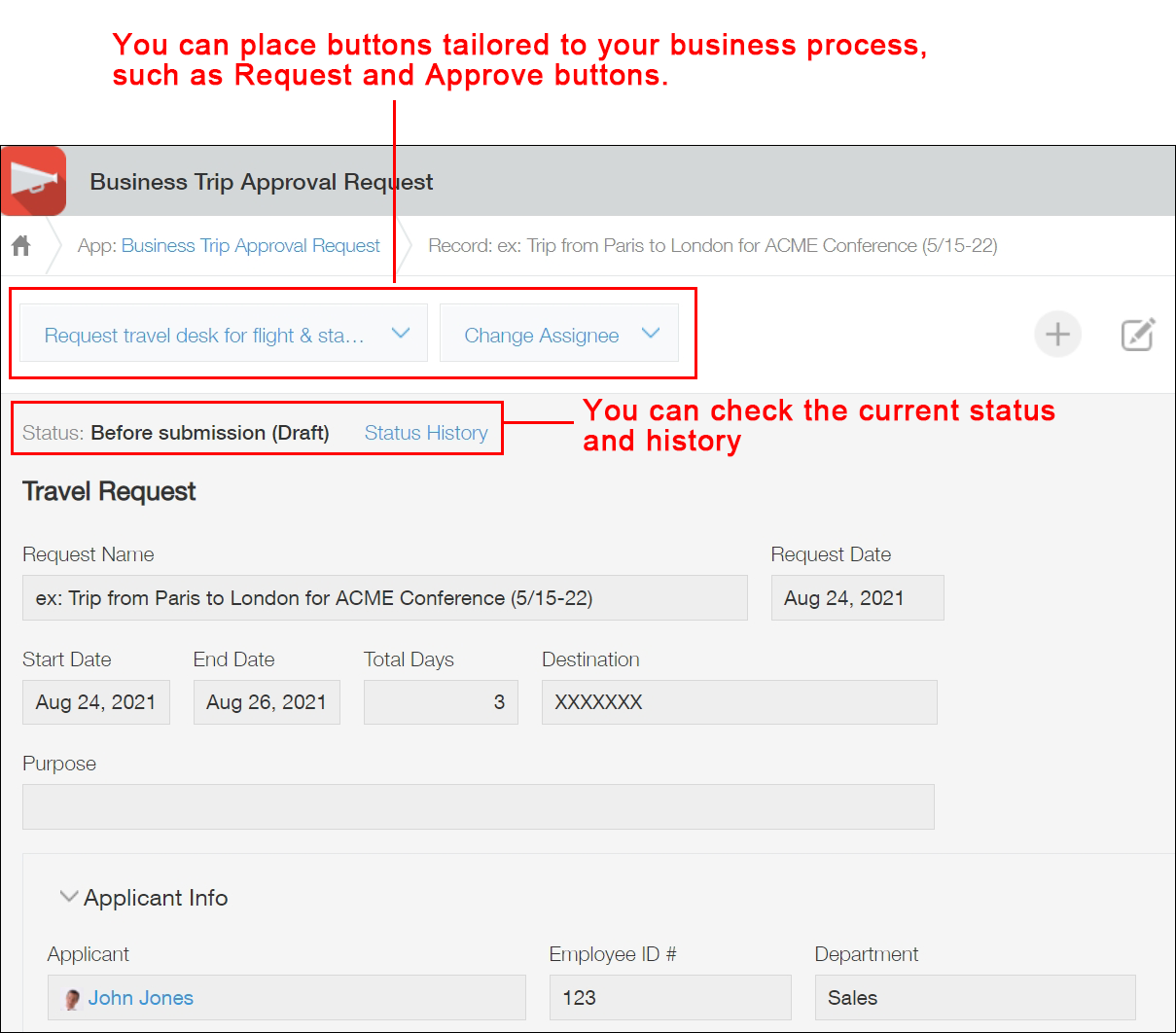 Screenshot: On a "Record details" screen, the buttons for moving along a workflow are displayed along with the current workflow status