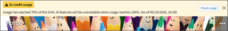 Screenshot: Notification banner when AI credit usage reaches 70%