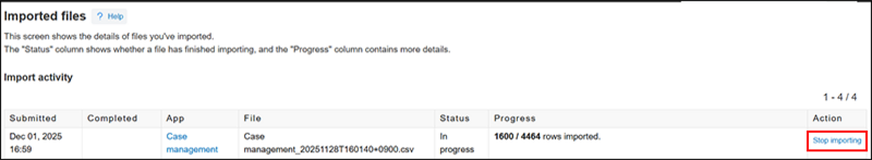 Screenshot: The "Stop importing" button is highlighted on the "Imported files" screen
