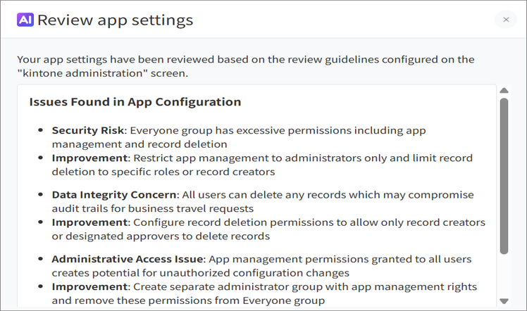 Screenshot: Review results generated by the AI App Settings Review feature