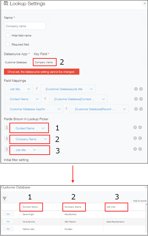Screenshot: The field designated as "Key field" is added to the "Fields shown in Lookup picker" list, and the display order is set