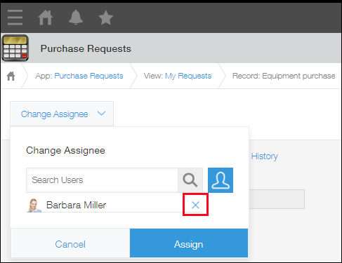 Screenshot: The current assignee is displayed after "Change assignee" is clicked on the "Record details" screen. The "Delete" button to the right of the assignee is highlighted.