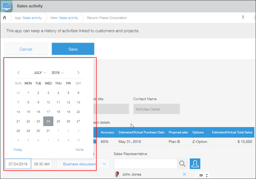 Screenshot: A calendar is displayed on the "New record" screen