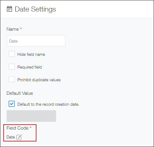 Screenshot: The field code section is highlighted in the "Date settings" dialog