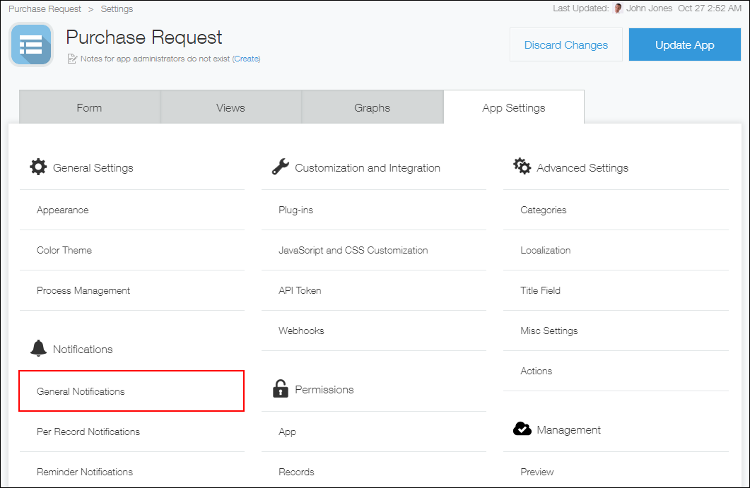 Screenshot: "General notifications" is outlined on the "App settings" tab in App settings
