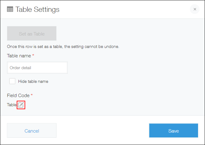 Screenshot: Changing a table's field code