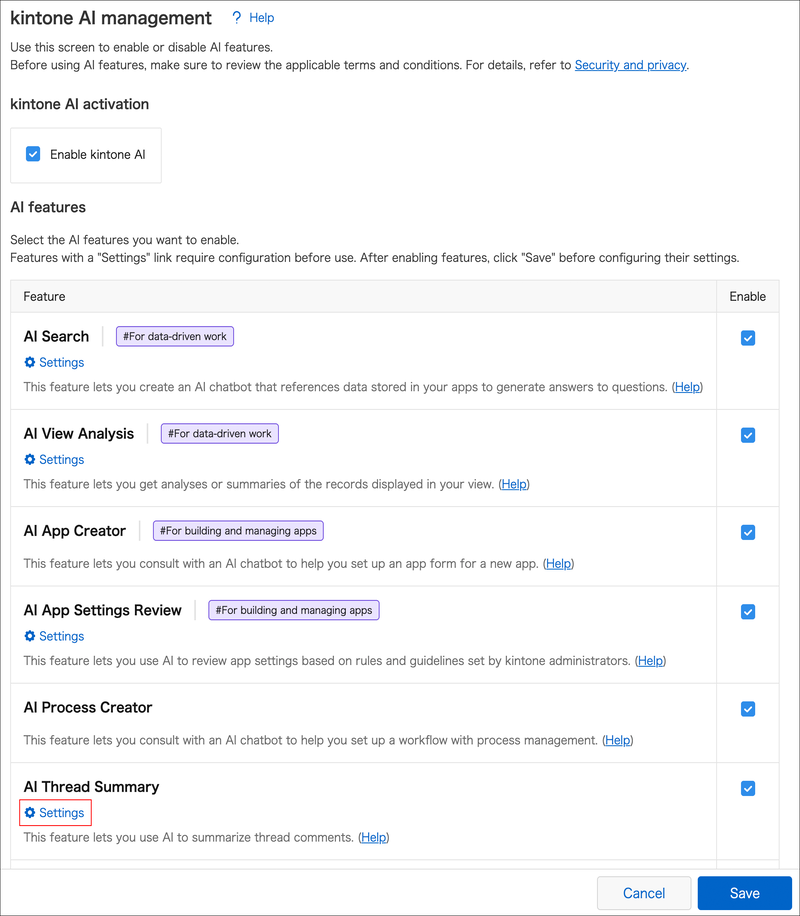 Screenshot: The "Settings" link is highlighted under the "AI Thread Summary" feature name