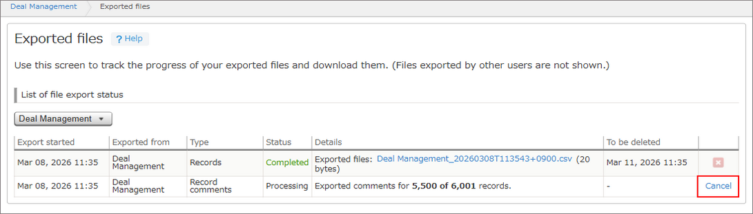 Screenshot: "Cancel" is highlighted on the "Exported files" screen