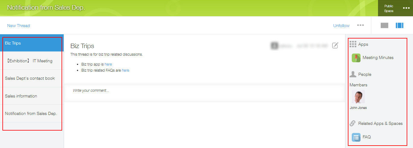 Screenshot: On a thread screen, the "Apps," "People," and "Related apps & spaces" sections on the right side and the thread list on the left side are highlighted