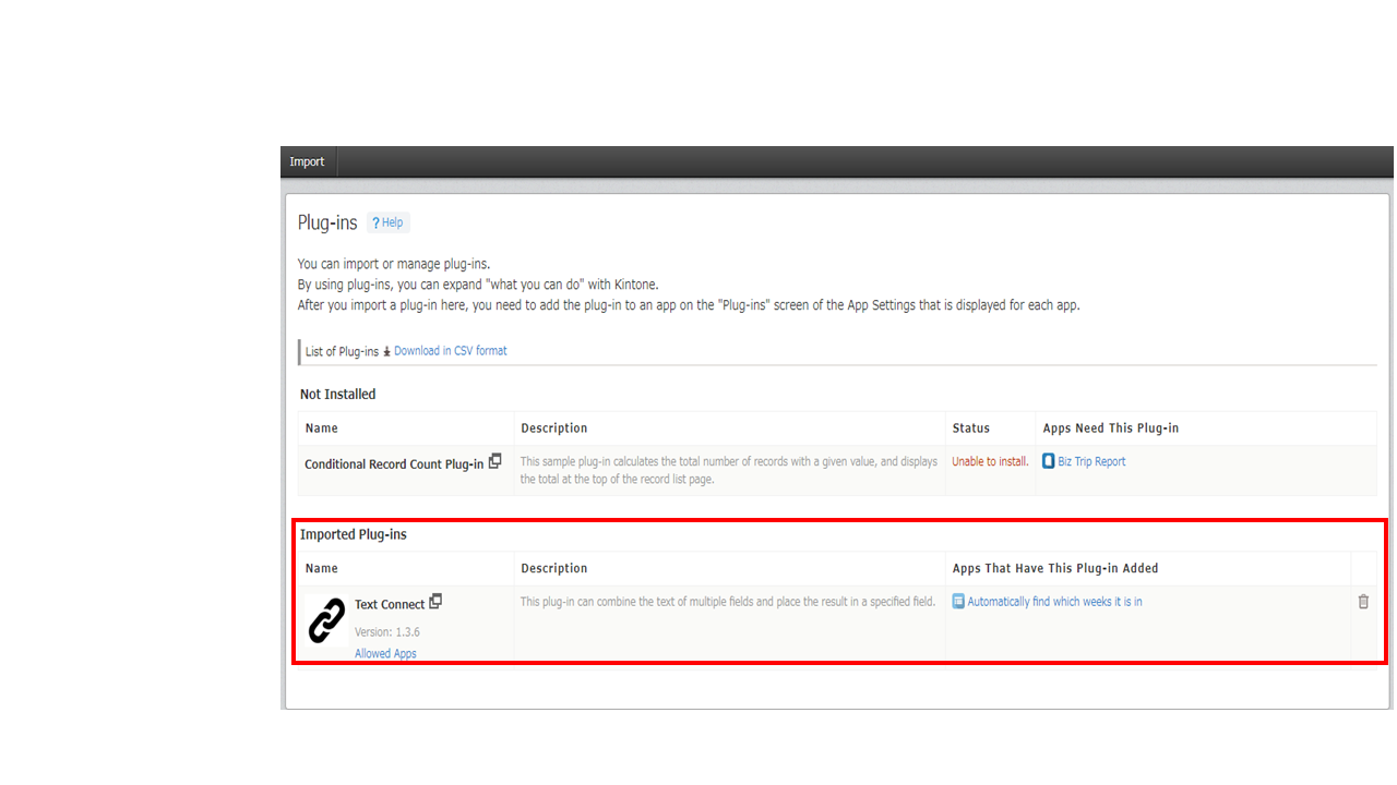 Screenshot: On the "Plug-ins" screen, plug-ins under "Imported plug-ins" are highlighted in red