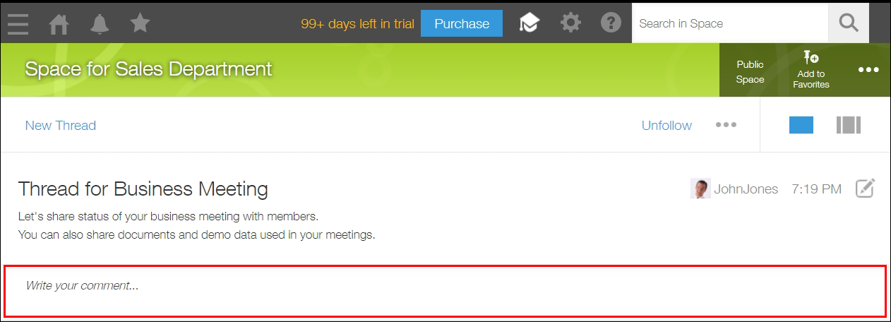 Screenshot: The comment field is highlighted