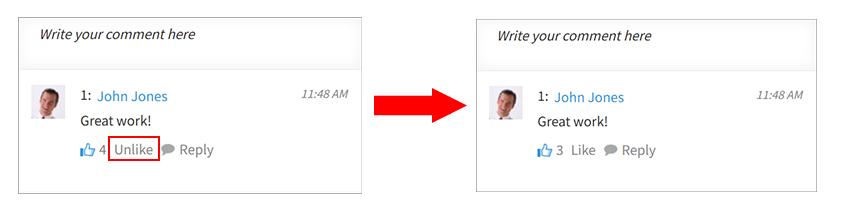 Screenshot: The changes in the display before and after clicking "Unlike"
