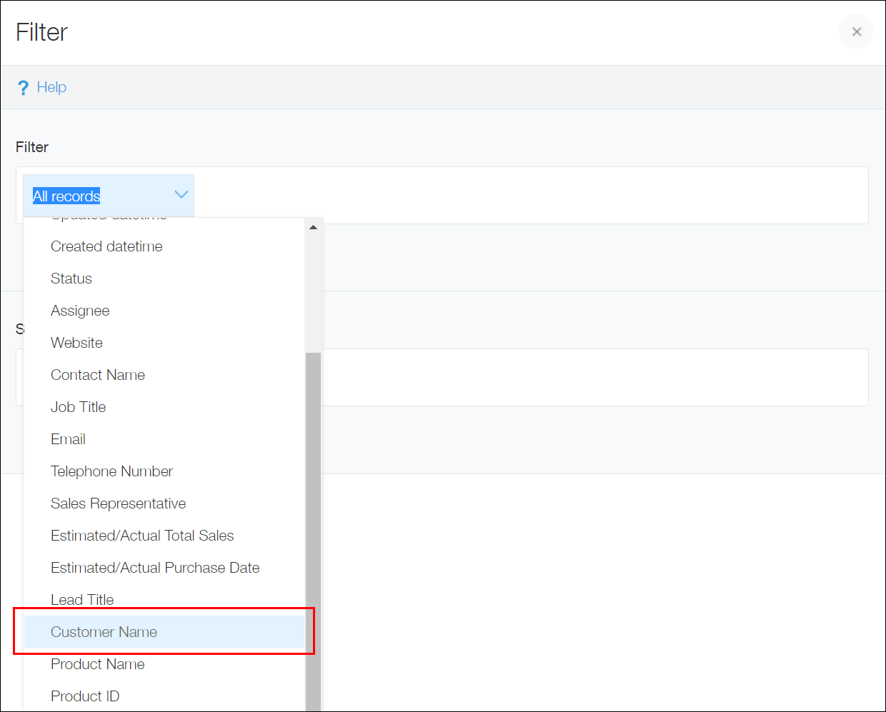 Screenshot: "Customer name" is selected for a filter condition