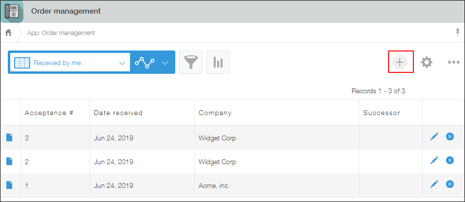 Screenshot: The "New record" button on the order management app is highlighted