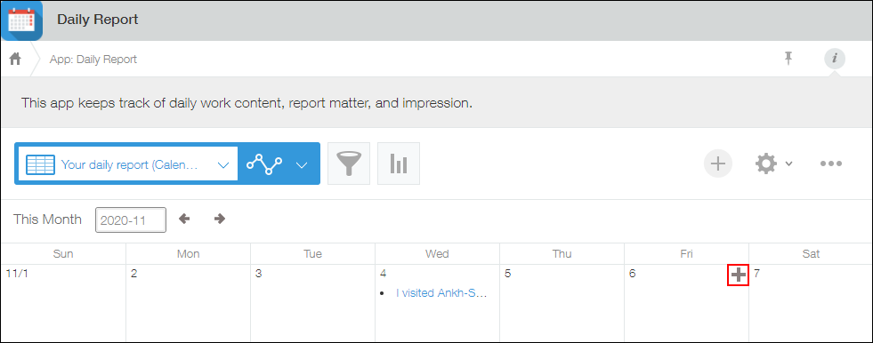 Screenshot: A calendar view with the plus-shaped "Add" icon highlighted