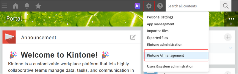 Screenshot: The "Kintone AI management" link is highlighted in the "Settings" menu