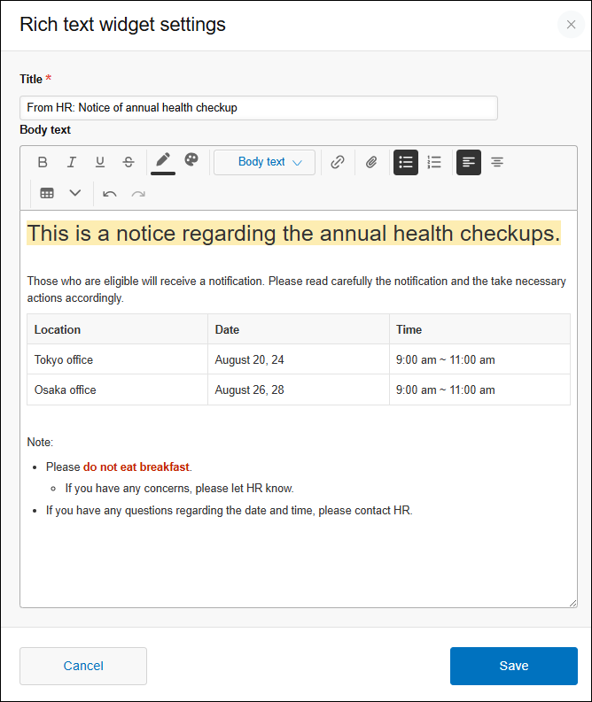 Screenshot: The "Rich text widget settings" screen