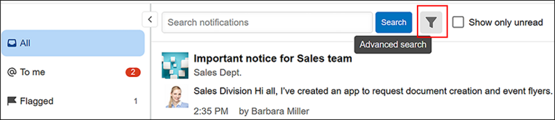 Screenshot: "Advanced search" is highlighted