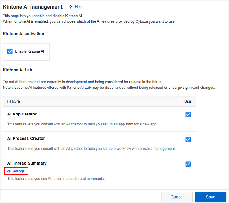 Screenshot: The "Settings" link is highlighted under the "AI Thread Summary" feature name