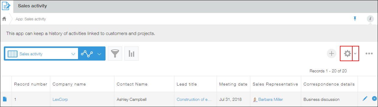 Screenshot: The "App settings" icon is highlighted on the "View" screen