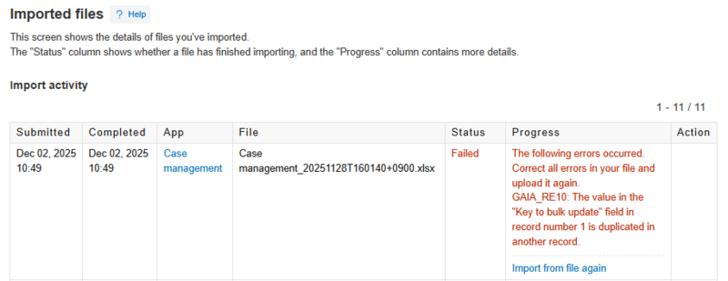 Screenshot: Error details are displayed on the "Imported files" screen