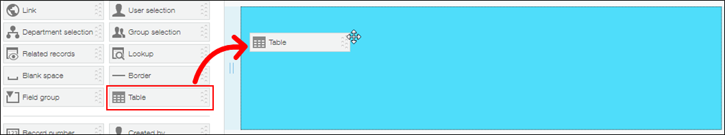 Screenshot: Placing a "Table" field on an app form