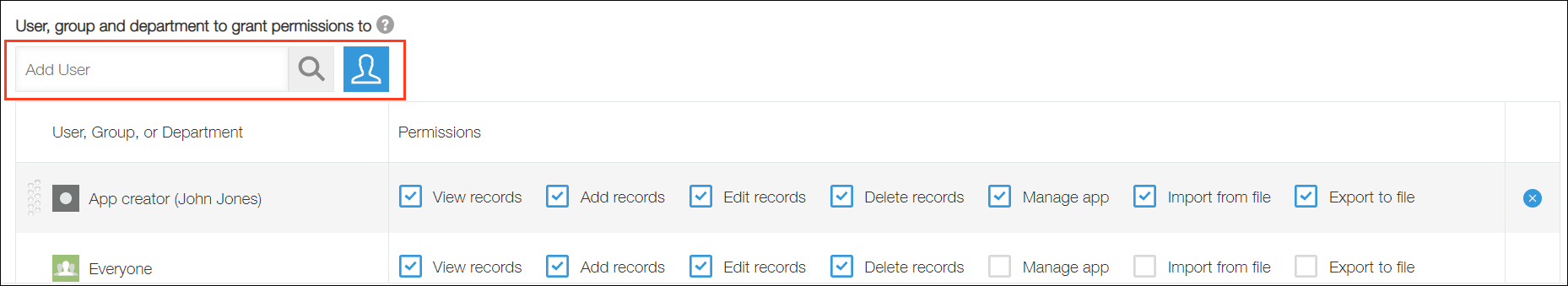 Screenshot: The area for selecting a user, department, or group is highlighted