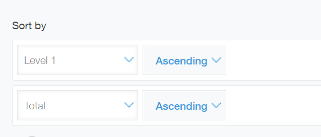 Screenshot: In the "Sort by" section of the "Create graph" screen, the "Level 1" and "Total" fields are selected, and both have "Ascending" selected