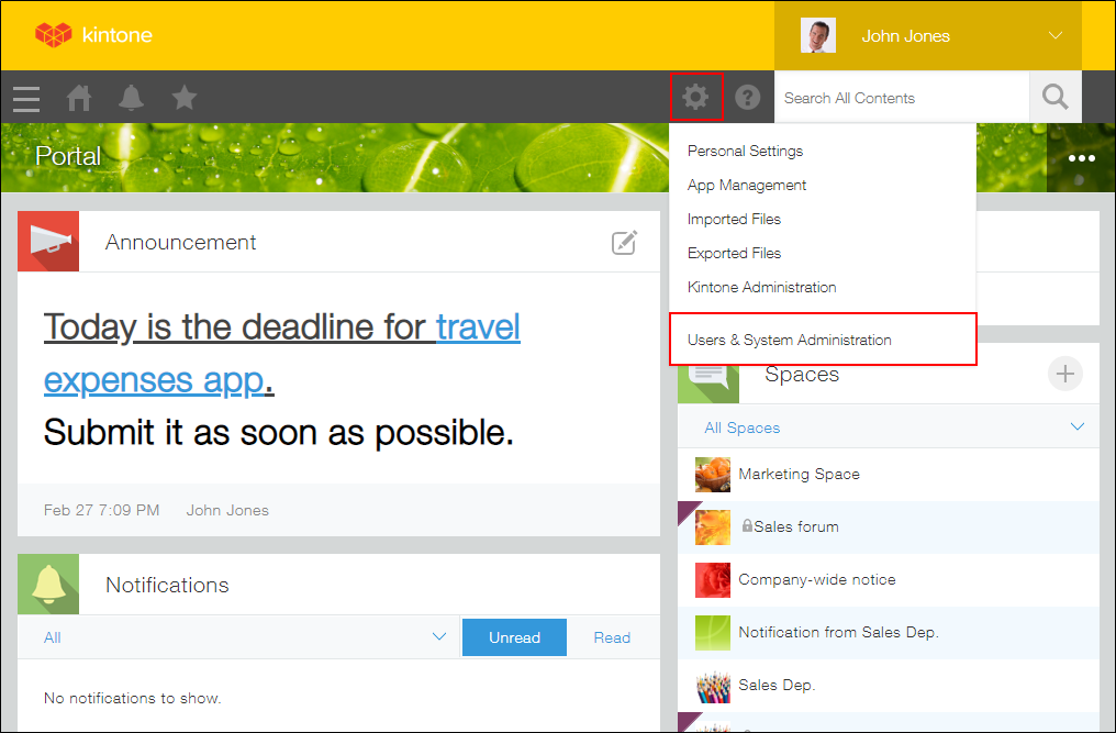 Screenshot: "Users & system administration" in the "Settings" menu is outlined in red