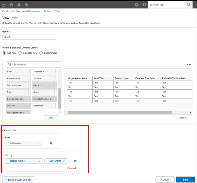 Screenshot: The "Filter and sort" section is highlighted