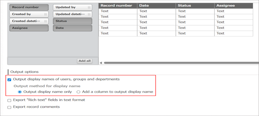 Screenshot: The "Output display names of users, groups and departments" checkbox is highlighted