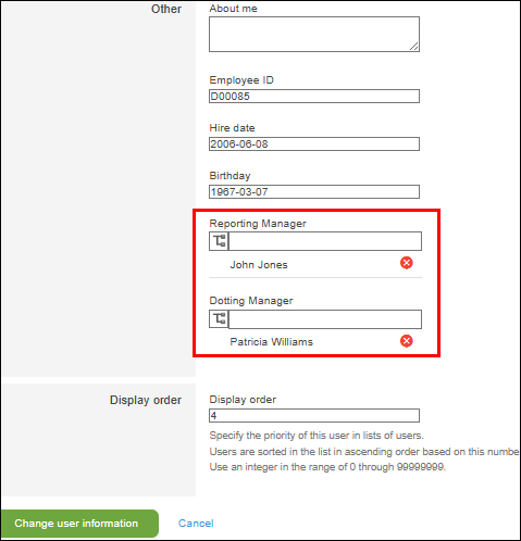 Screenshot: On the "Change user information" screen, "Reporting Manager" is specified as the custom field name