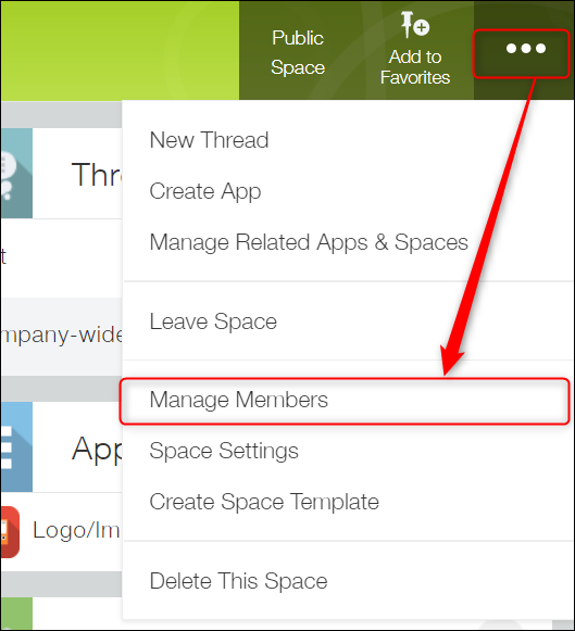 Screenshot: The "Options" icon and "Manage members" option are outlined