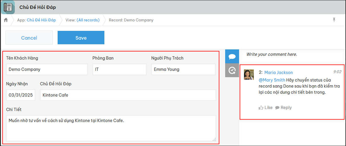 Screenshot: Record data and a comment are entered in Vietnamese on the screen for creating a record