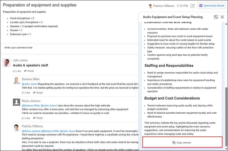 Screenshot: The AI Thread Summary feature being used
