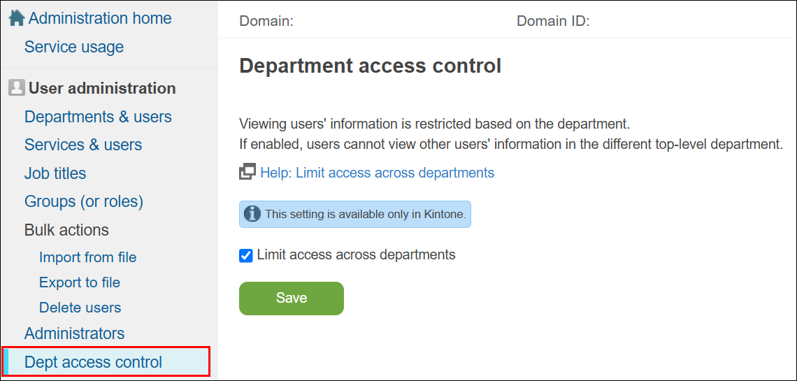 Screenshot: The "Prohibit Cross-Department Access" setting on the "Cross-Department Permissions" screen is outlined