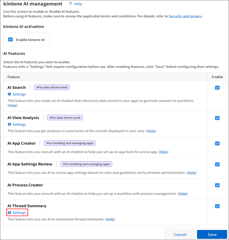 Screenshot: The "Settings" link is highlighted under the "AI Thread Summary" feature name