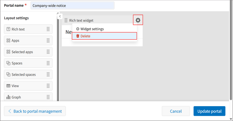 Screenshot: Deleting a widget
