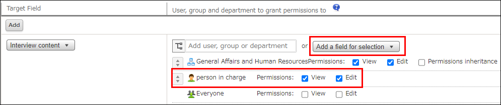 Screenshot: Permissions are set using a "Person in charge" field on the "Permissions for fields" screen