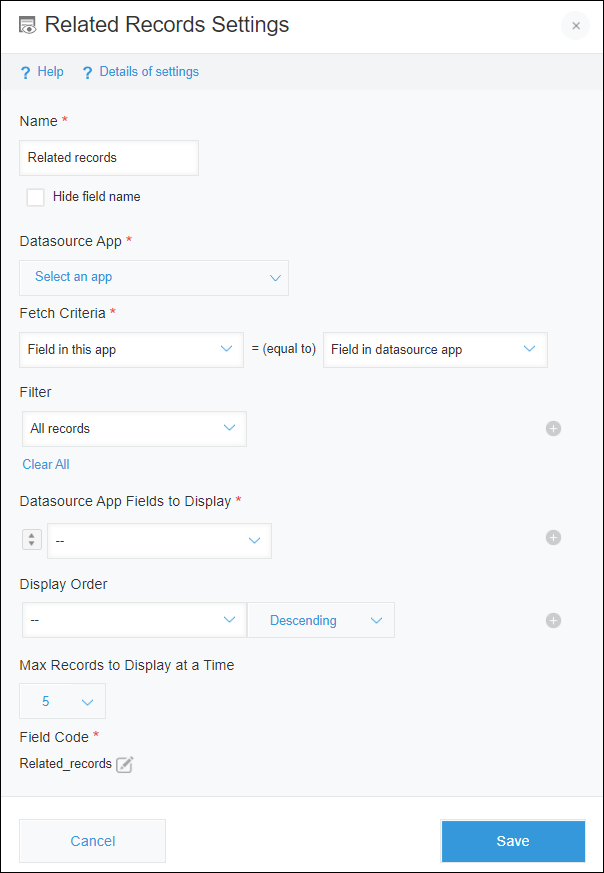 Screenshot: The settings screen of a "Related records" field