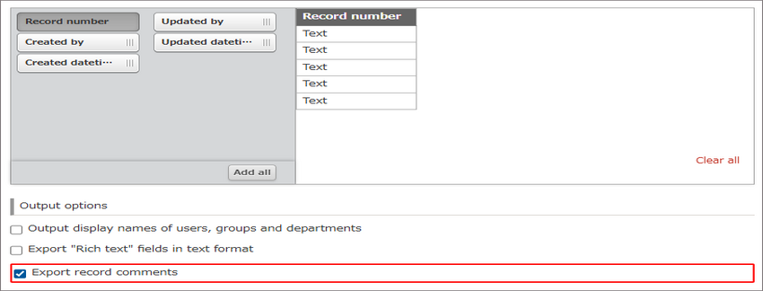 Screenshot: "Export record comments" is highlighted.