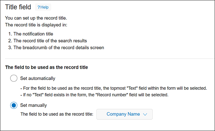 Screenshot: Record title field settings