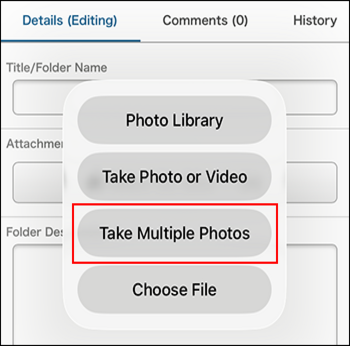 Screenshot: The "Take Multiple Photos" option is highlighted in the menu