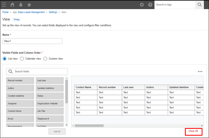 Screenshot: The "Clear all" button on the "View" screen is highlighted