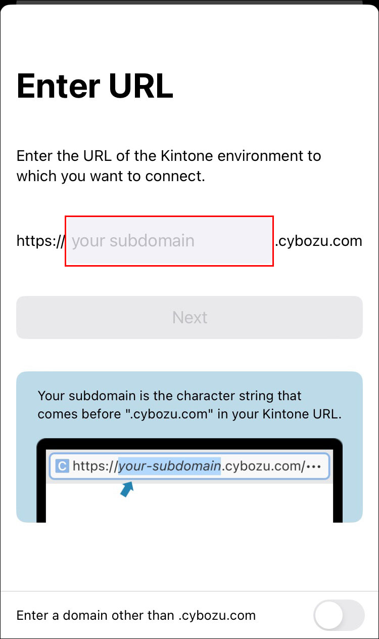 Screenshot: The field to enter a subdomain is highlighted