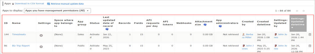 Screenshot: A list of apps in the "Apps" section