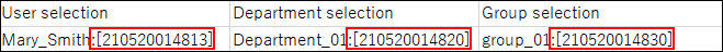 Screenshot: Numbers are displayed at the end of values of "User selection", "Department selection", and "Group selection" fields exported to a file
