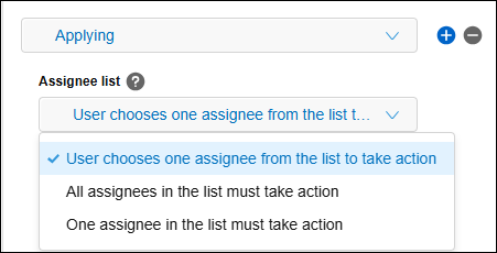 Screenshot: In the "Process management" settings, a condition for assignees is being selected from the "Assignee list" drop-down list
