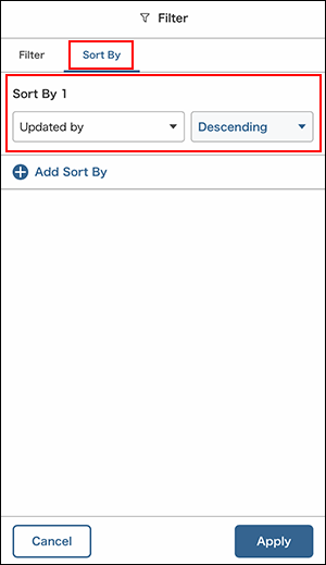 Screenshot: Specifying a sorting condition on the "Sort by" tab